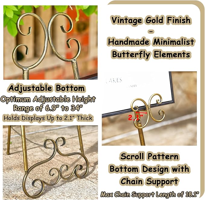 56" H Metal Scroll Extra Large Free Standing Adjustable Display Easel, Vintage Decorative Floor Display Stand Easel with Chain Support for Picture Frame Wedding Sign