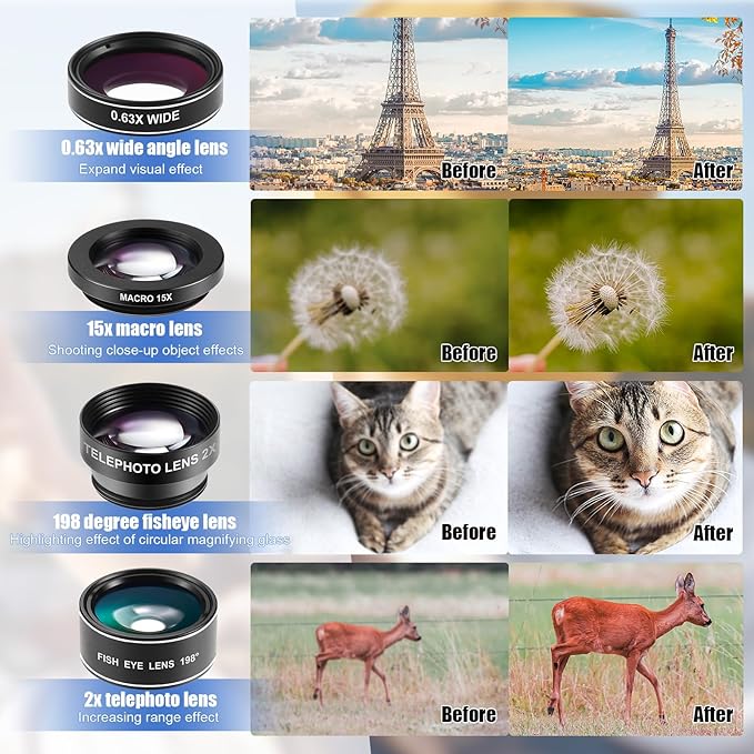 16 Pcs Phone Camera Lens Kit 16 in 1 with Selfie Light Universal Clip on Cell Phone 198 Degree Fisheye Wide Angle Macro Kaleidoscope CPL Lens Attachments Compatible with Most Phones