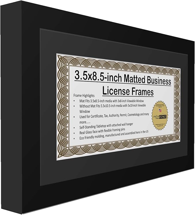 Creative Picture Frames [5.5x10.5bk-b] Black Business License Certificate Frame for Professionals Holds 3.5 by 8.5 with Black Mat Includes Self Standing Easel Back with Hanger