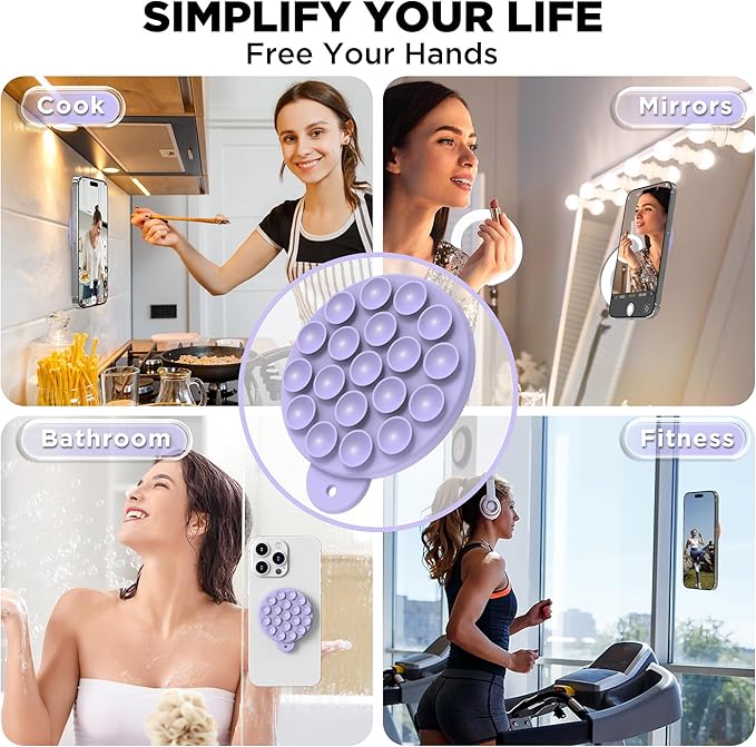 Magnetic Suction Cup Phone Mount with MagSafe, Silicone Hands-Free Grip Holder for iPhone Case and Android, Mirror Shower Phone Stand for Makeup FaceTime Gym Kitchen Bathroom, Lilac Purple