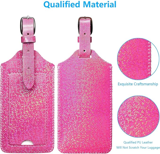 ACdream Luggage Tags 2 Pack, Leather Suitcase Tags Identifiers, Cute Cruise ID Labels with Privacy Cover fits on Backpack, Travel Bag, for Women, Men, Adults, Kids, Hot Pink Glitter