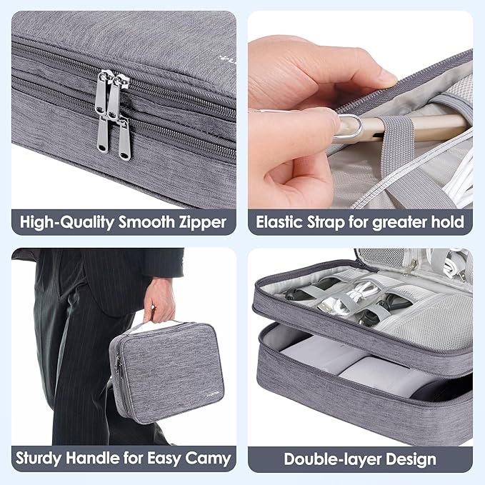 LENTION Waterproof Electronics Organizer Bag, Travel Storage Case with DIY Dividers for Cords, Charger, Power Bank, Earphones – Compact, Durable, Shockproof & Lightweight (Grey)