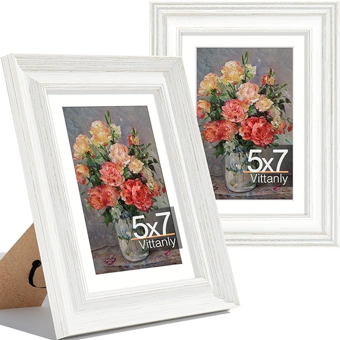 Vittanly 5x7 Picture Frames Set of 2, Ornate Vintage Photo Frame for Wall or Tabletop, Display 4x6 Pictures with Mat or 5x7 without Mat, Rustic White