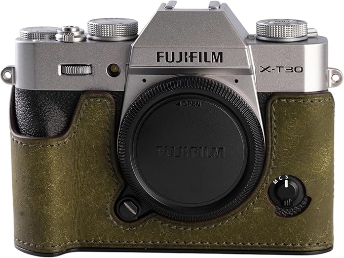 Handmade Genuine Leather Camera Half Case for FUJIFILM X-T30III /FUJIFILM X-T30III Camera Case/FUJIFILM X-T30III Case - Top Layer Cowhide Body + Metal Base Plate (Matte-Green)