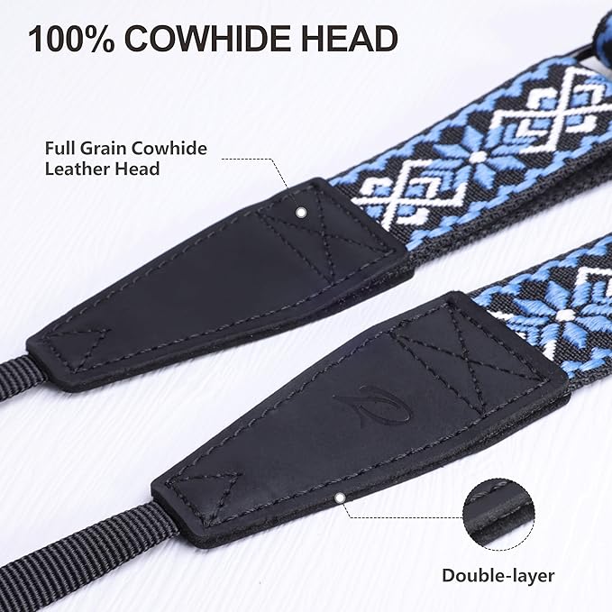 Padwa Lifestyle Adjustable Camera Strap - 1.5" Full Grain Leather Ends Camera Straps for Photographers, Adjustable Neck Shoulder & Crossbody Cotton Strap Quick Release for Cameras and Binoculars