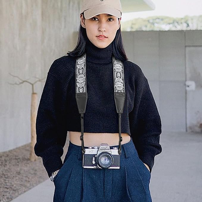Padwa Lifestyle Camera Strap - 2" Full Grain Leather Ends Camera Straps for Photographers, Vintage Embroidered Cotton Weave Soft Suede Fabric Padded Strap Quick Release fits All Cameras