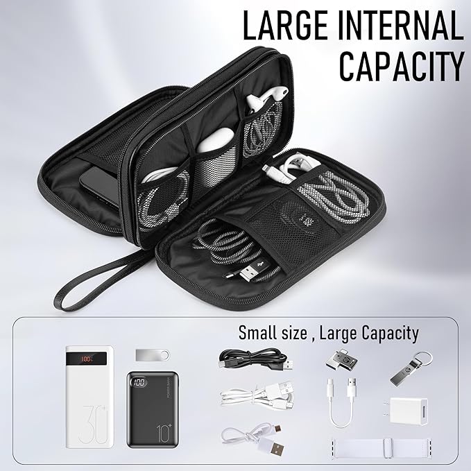 Arae Leather Travel Essentials Electronic Organizer - Double Layer, Waterproof Case for Cables, Chargers & More - Portable, Shockproof Pouch for All Electronics Accessories (Leather Black, M)