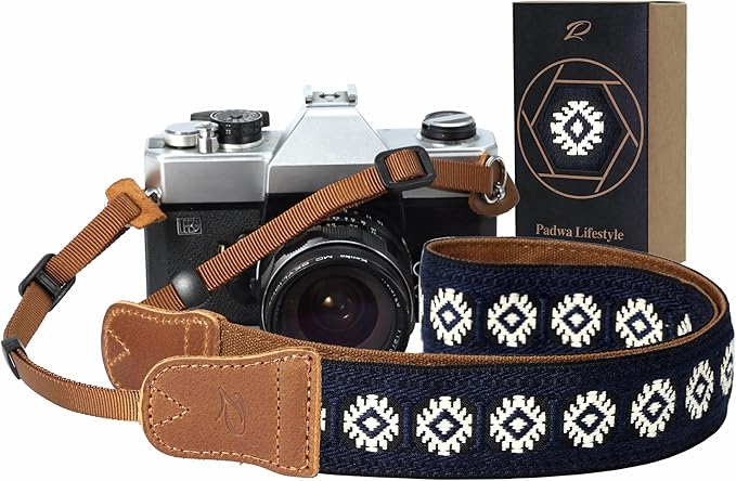 Padwa Lifestyle Camera Strap - 1.5" Crazy Horse Cowhide Head Cotton Strap,Vintage Embroidery Camera Straps for Photographers and All Cameras,Cute Adjustable Shoulder Neck Strap for Adults & Kids