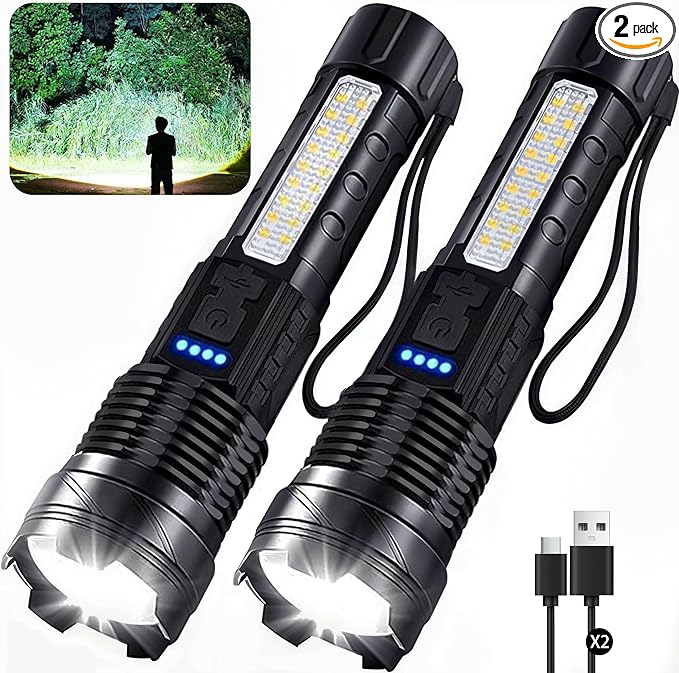 Rechargeable Flashlights High Lumens, 7Mode Flashlight Rechargeable, Super Bright LED Flashlight with Adjustable Flash Light, Tactical Flashlight for Home Emergency Camping, 2 Pack