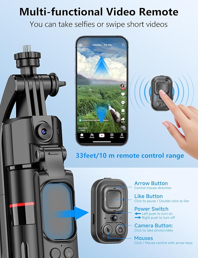 69'' Auto Face Tracking Selfie Stick Tripod Stand, Automatic Phone Tripod, Auto-Open Travel Tripods for iPhone/Cell Phone with Remote, Gesture Control, No App, Built-in AI Camera for Vlog Recording TK