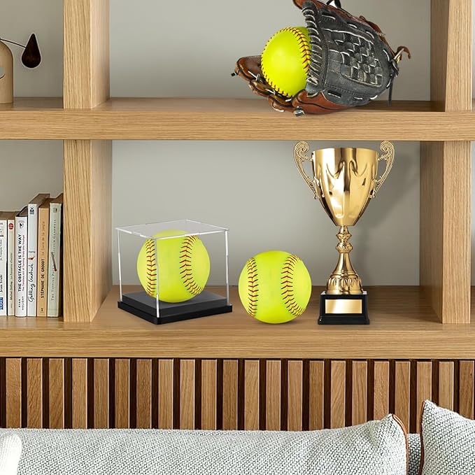 Hooqict 4 Pack Arcylic Softball Display Case Clear Softball Holder UV Protected Stand Championship Display Case Memorabilia Square Box for Golf Tennis Game Ball Baseball