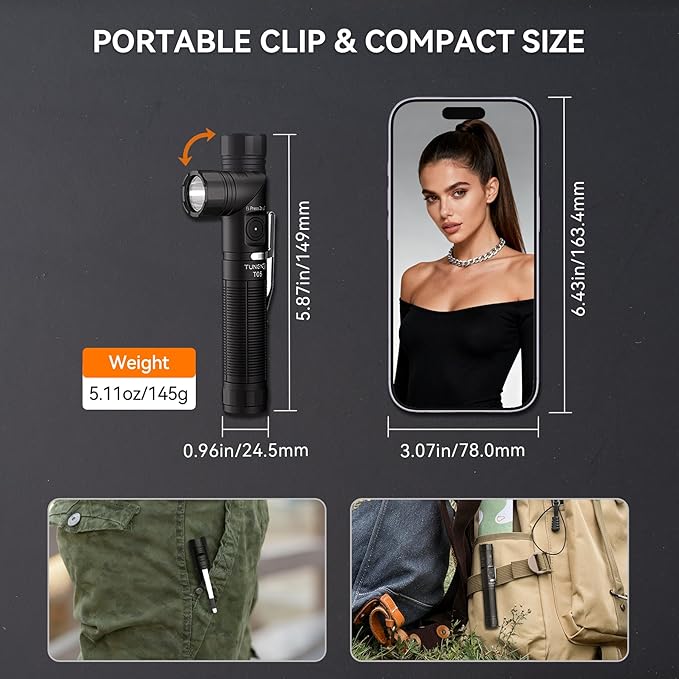 TO5 EDC Tactical Flashlight Rechargeable, 1500 High Lumen 90 Degree Work Light with Magnet, 6 Mode Super Bright Small LED FLA shlight for Work Maintenance, Outdoor, and Emergency Situations