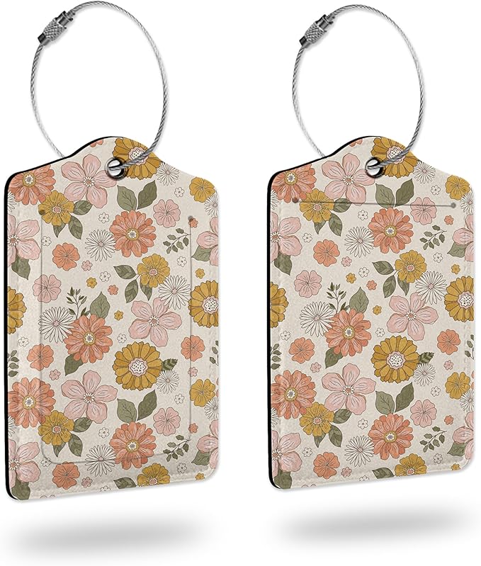 Luggage Tags for suitcases,2 Pack Retro Groovy Boho Flower Luggage Tag,Leather Stainless Steel Loop Label Tag for Women Men Girls Travel Bag Suitcase