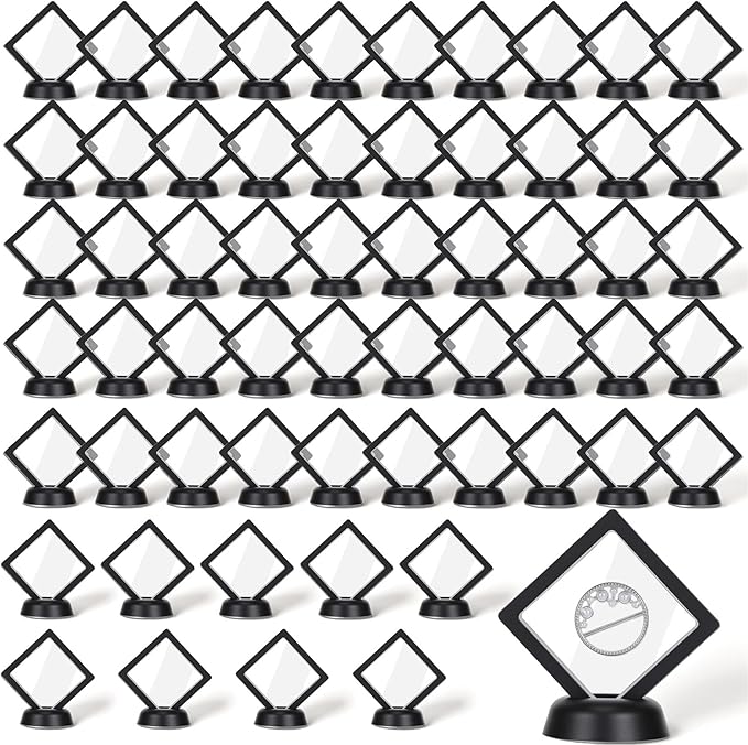 60 Pcs 3D Floating Display Case with Stand, 2.8 x 2.8 x 0.8 Inch Black Challenge Coin Display Case Clear Film Jewelry Storage Holder for Jewelry, Specimen, Rock
