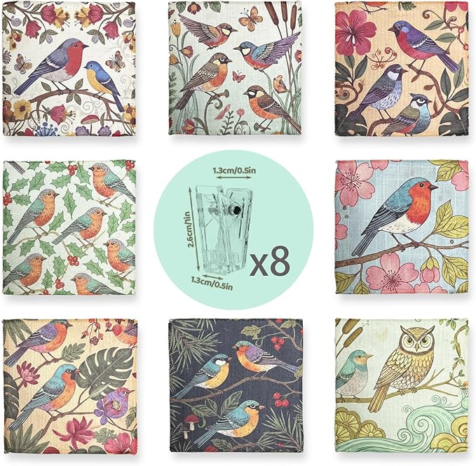 8-Pack Ultra-Fine Microfiber Kitchen Towels, 7-Inch Square with 8 Clips & Multiple Patterns – Soft, Absorbent, Reusable Cleaning Cloths (Birds)