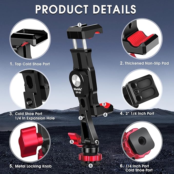 Manbily Phone Tripod Mount, Metal Smartphone Mount Adapter Camera Hot Shoe Mount, 360° Swivel 180° Flip Adjustable Phone Holder for Microphone LED Light（SP-09