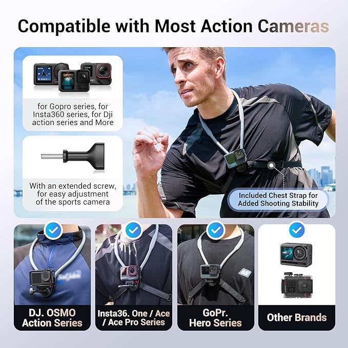JJC Neck Mount for Action Camera, POV Neck Holder for Gopro 13/12/11, DJI OSMO Action 5 Pro/4, Insta360 X5/X4/Ace Pro, AKASO, Quick Release & Angles Adjustment for Content Creating Video Filming