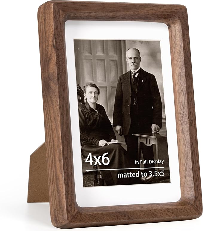 Dreamland 4x6 Matted to 3.5x5 Picture Frame Solid Walnut Wood Picture Frames Handcrafted Rounded Corner with HD Tempered Glass Tabletop or Wall Mount Display, 1 Pack