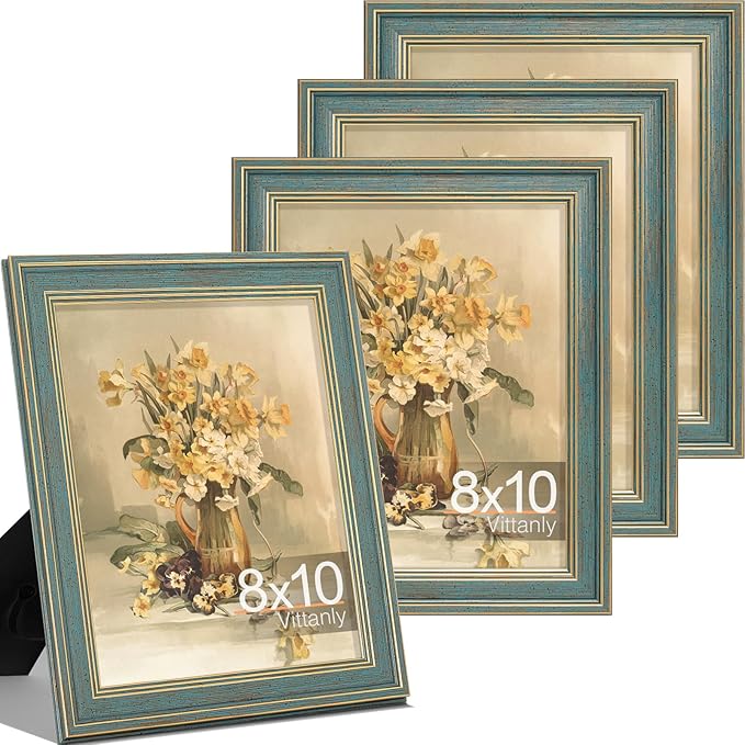 Vittanly 8x10 Picture Frame Set of 4, Vintage Photo Frame for Wall or Tabletop, Display 5x7 Pictures with Mat or 8x10 without Mat, Rustic Farmhouse Home Decor, Blue