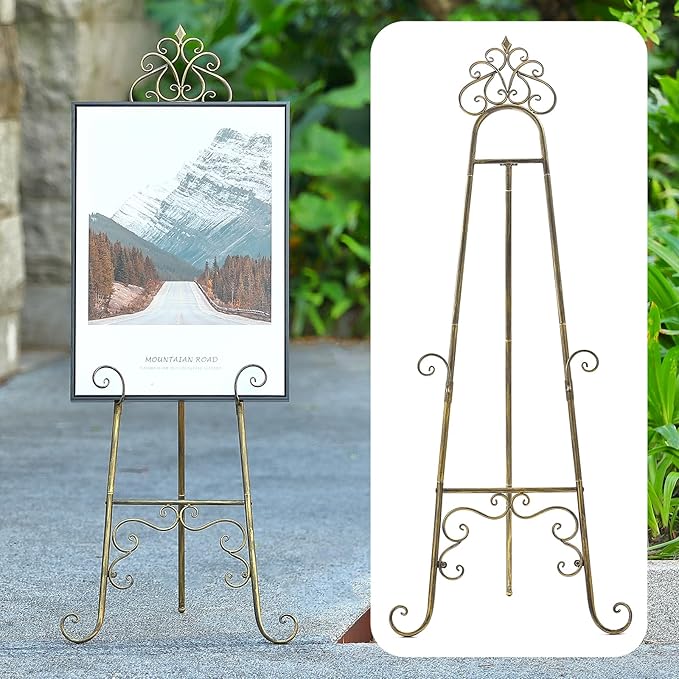 Vintage Metal Free Standing Adjustable Display Stand Easel with Chain Support, Extra Large Scroll Floor Standing Easel for Display Mirror Wedding Welcome Signs Picture Frame