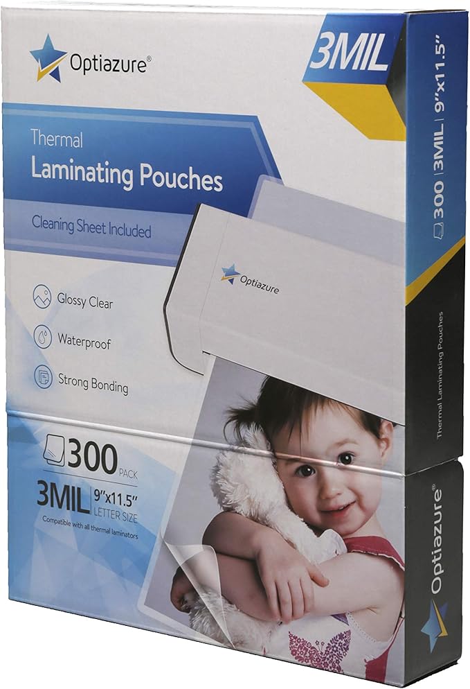 Optiazure Thermal Laminating Pouches 9"x11.5" Inches, 3mil 300Pack, Clear, Letter Size