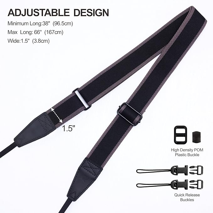 Padwa Lifestyle Adjustable Camera Strap - 1.5" Full Grain Leather Ends Camera Straps for Photographers, Adjustable Neck Shoulder & Crossbody Cotton Strap Quick Release for Cameras and Binoculars