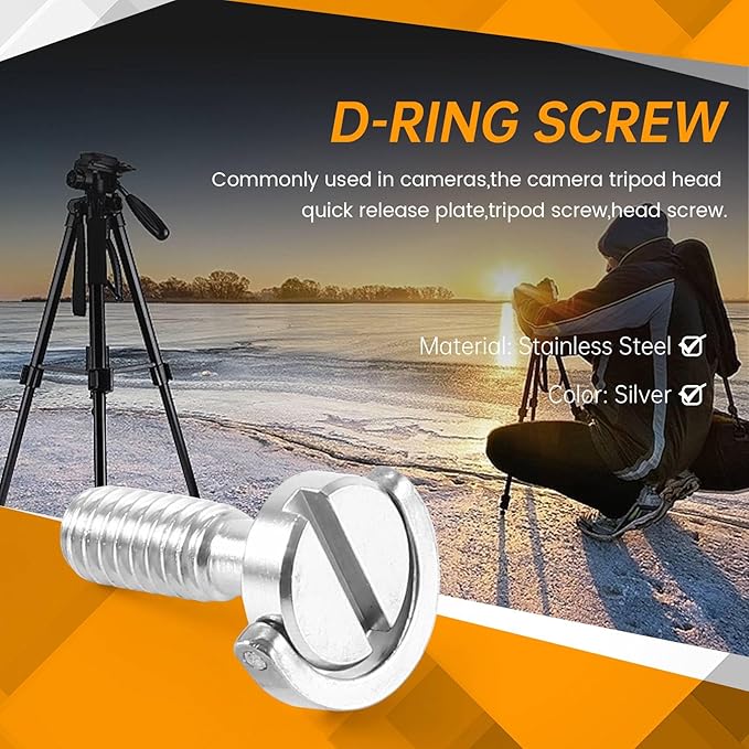 Long 1/4"" D-Ring Screw Stainless Steel for Camera Tripod Quick Release Plate Silver, 068401