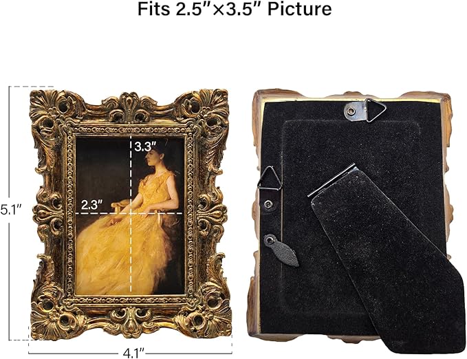 CISOO 2.5x3.5 Vintage Small Picture Frame, Antique Ornate Bronze Gold Wallet Size Photo Frame, for Table Top and Wall Display, Decorative Floral Design Retro Home Decor, Photo Gallery Art