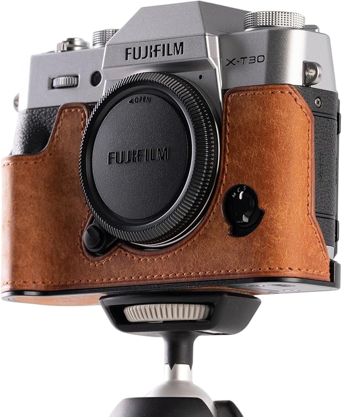 Handmade Genuine Leather Camera Half Case for FUJIFILM X-T30III /FUJIFILM X-T30III Camera Case/FUJIFILM X-T30III Case - Top Layer Cowhide Body + Metal Base Plate (Matte-Yellow-Brown)