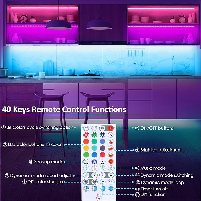maylit 8 PCS Motion Sensor RGB Under Cabinet Lights Kit, App and Remote Control Led Strip Lights, Music Sync Color Changing Led Lights with Power Adapter, for Cabinet, Counter, Shelf, Bookcase, 13ft