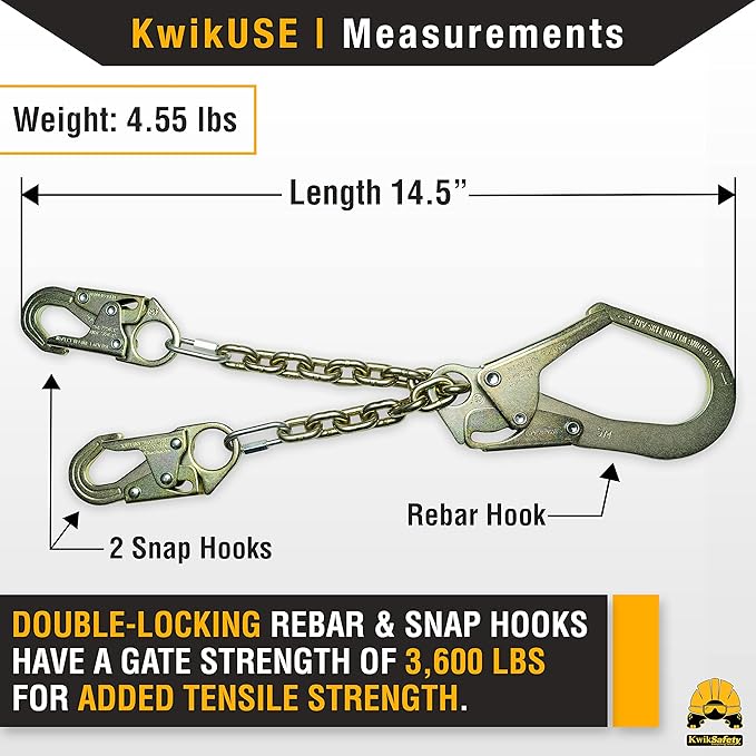 KwikSafety - Charlotte, NC - REBAR Romeo 29" Steel Rebar Chain Assembly [SELF-Locking Hooks] ANSI OSHA Lightweight Positioning Lanyard/Double Snap Hooks, Rebar Hook, Heat-Treated Twist Chain