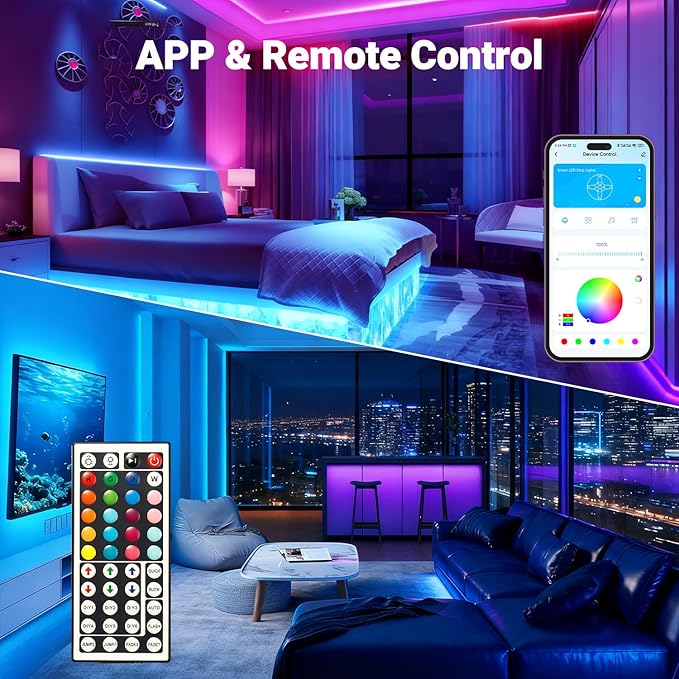 DAYBETTER Led Strip Lights 50 ft, Music Sync RGB Led Light Strips with Remote and App Control, Color Changing Led Lights for Bedroom, Home, Kitchen, Party, Room Decor