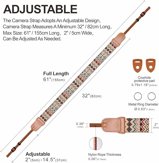 Padwa Lifestyle Camera Strap - 2"Cowhide Head Camera Straps for Photographers,Vintage Jacquard Embroidery Woven Cotton Adjustable Shoulder Neck Straps for Cameras,Binoculars（Cool Ethnic Style Apricot）