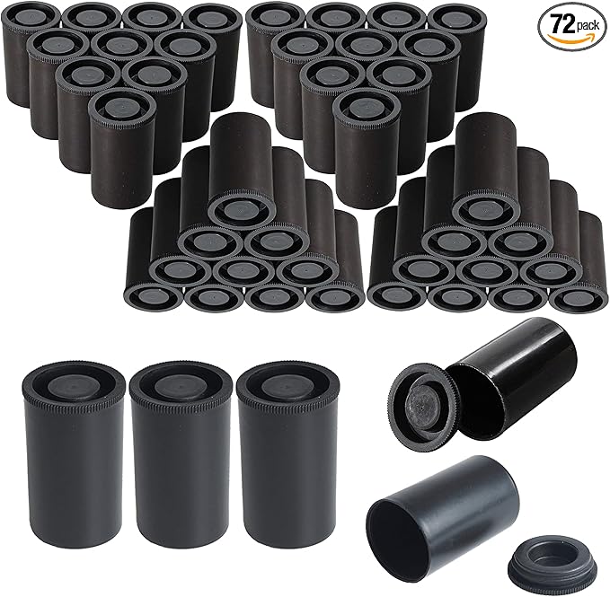 Criativo live 72 pieces Film Canisters ,35MM Empty Camera Reel Containers, for Rockets, 8 OZ, 2" H, 1" W, Plastic, Films Developing Processing Tube, Roll Case, Small Accessories, Storage (Black)