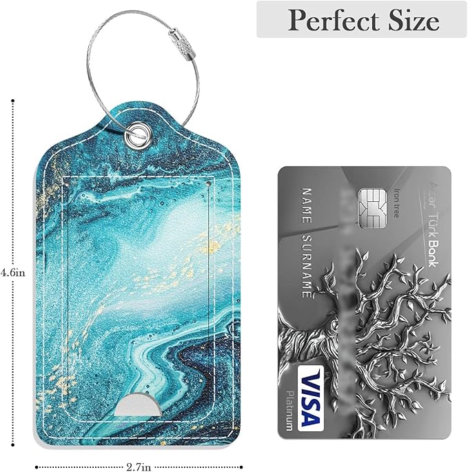 Luggage Tags for Suitcase, 2 Pack PU Leather Travel Cruise Luggage Tag with Privacy Flap, Name ID Label and Metal Loop for Women Men Girls Suitcase Baggage Bag Backpack Instrument, Teal Marble