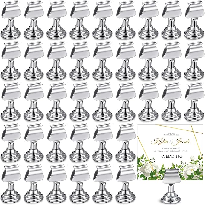 Kathfly 48 Pcs Metal Table Number Holders 1.7 Inch Silver Mini Place Card Holders Bulk Harp-clip Table Sign Stands Card Holder Display Picture Memo Notes Menu for Weddings Restaurants Birthday Decor