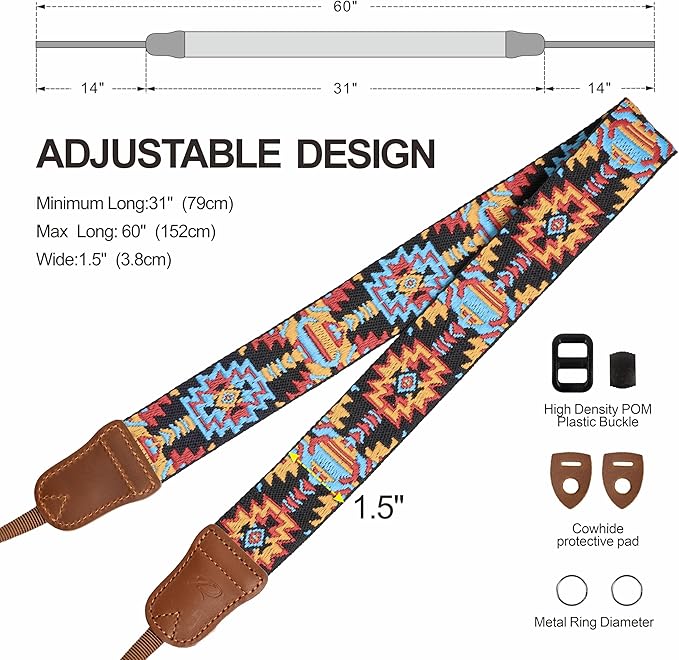 Padwa Lifestyle Camera Strap - 1.5" Crazy Horse Cowhide Head Cotton Strap,Vintage Embroidery Camera Straps for Photographers and All Cameras,Cute Adjustable Shoulder Neck Strap for Adults & Kids