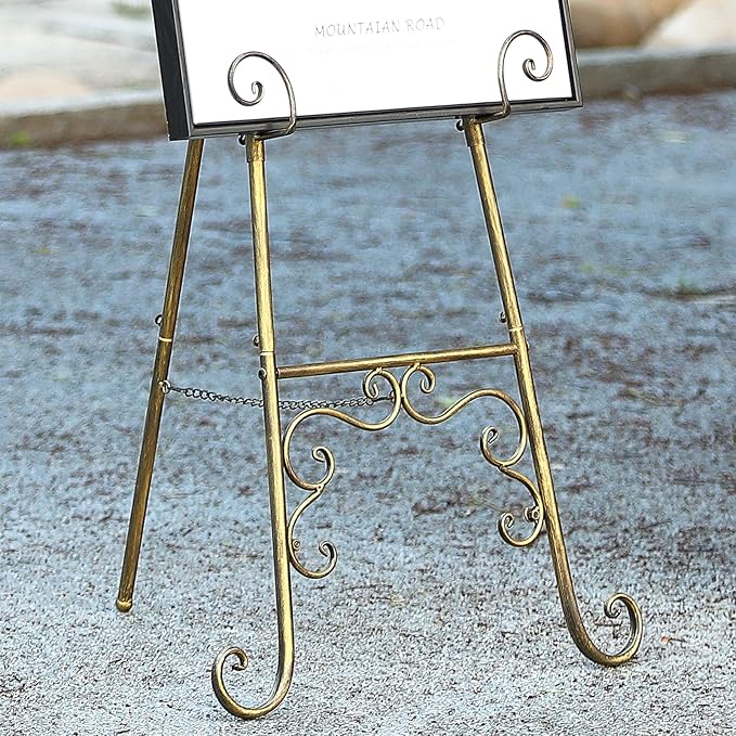 Vintage Metal Free Standing Adjustable Display Stand Easel with Chain Support, Extra Large Scroll Floor Standing Easel for Display Mirror Wedding Welcome Signs Picture Frame