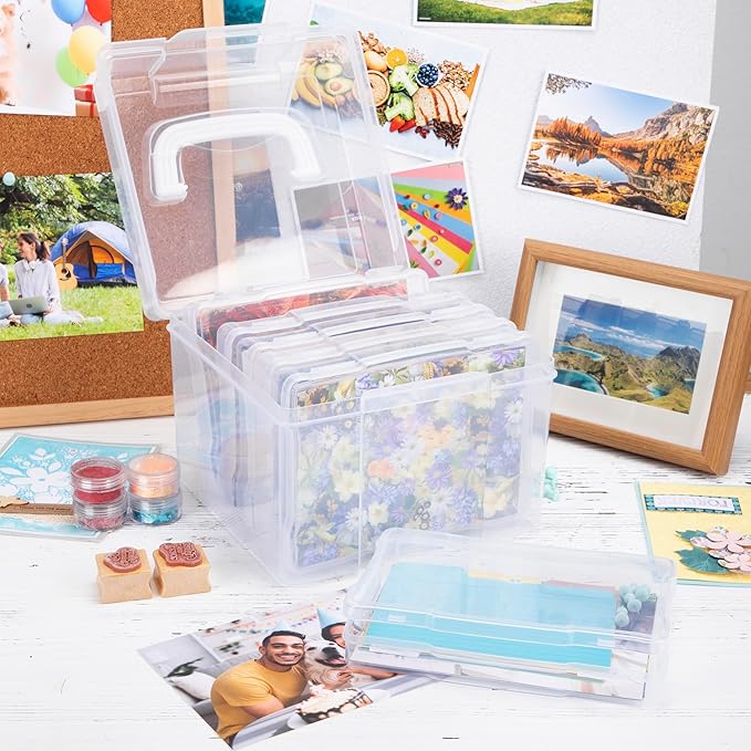 CraftGenes Photo Organizers and Storage 5x7 with Handle, 6 Inner Plastic Photo Storage Box, Dustproof Picture Containers for Index Cards, Stamps, Crafts, Seeds, Sticker Storage