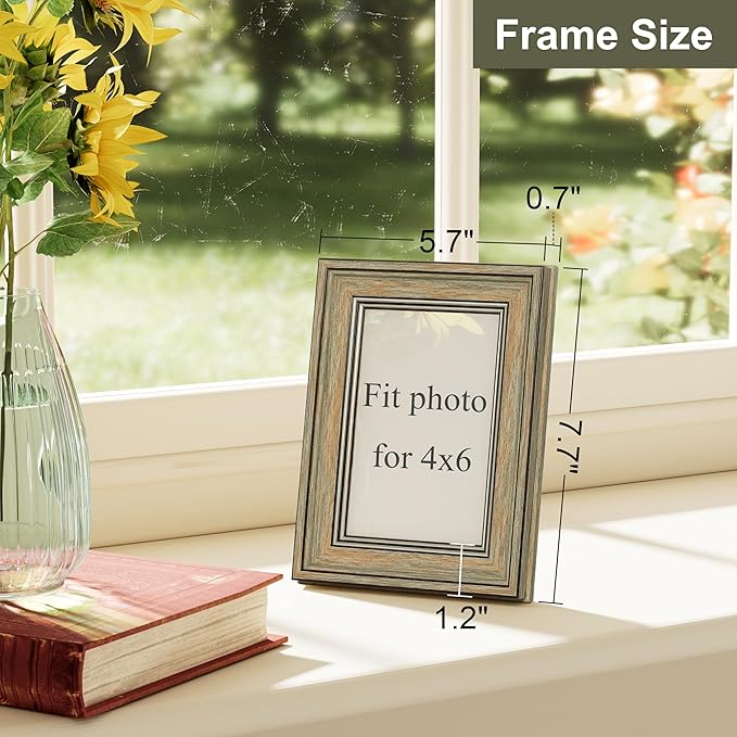 Vittanly 4x6 Picture Frame Set of 4, Vintage Photo Frame for Wall or Tabletop, Display 4x6 Pictures, Rustic Farmhouse Home Decor, Vintage Green