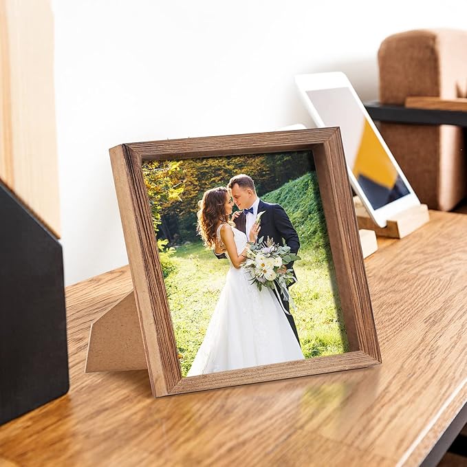 8 x 8 Brown Picture Frame Solid Wood with HD Glass Square Horizontal & Vertical Formats for Wall Mounting or Tabletop Display Gift Family Office Wedding Home Gallery Country Farmhouse Collage Decor