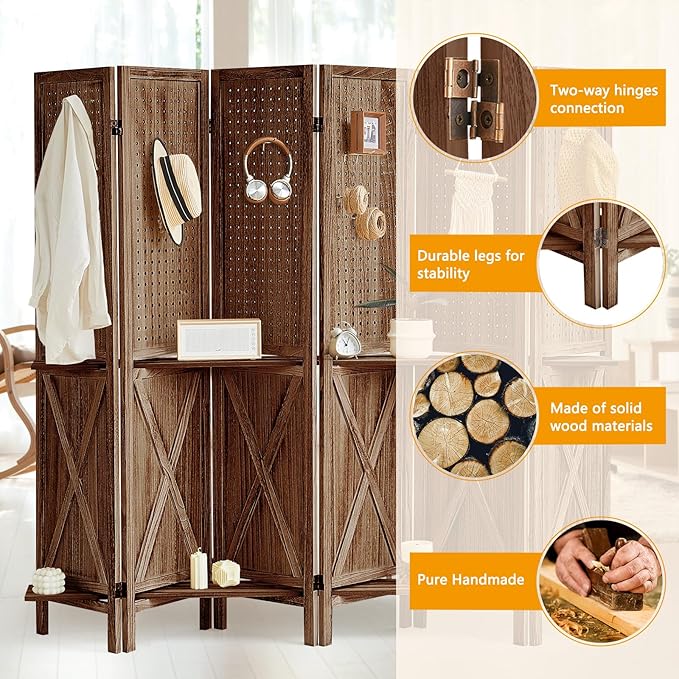 6 Panel Pegboard Display with Shelf, Wooden Pegboard Room Divider Wall with 24 Hooks, Partition Room Dividers and Folding Privacy Screens, Bedroom, Jewelry Store, Brown