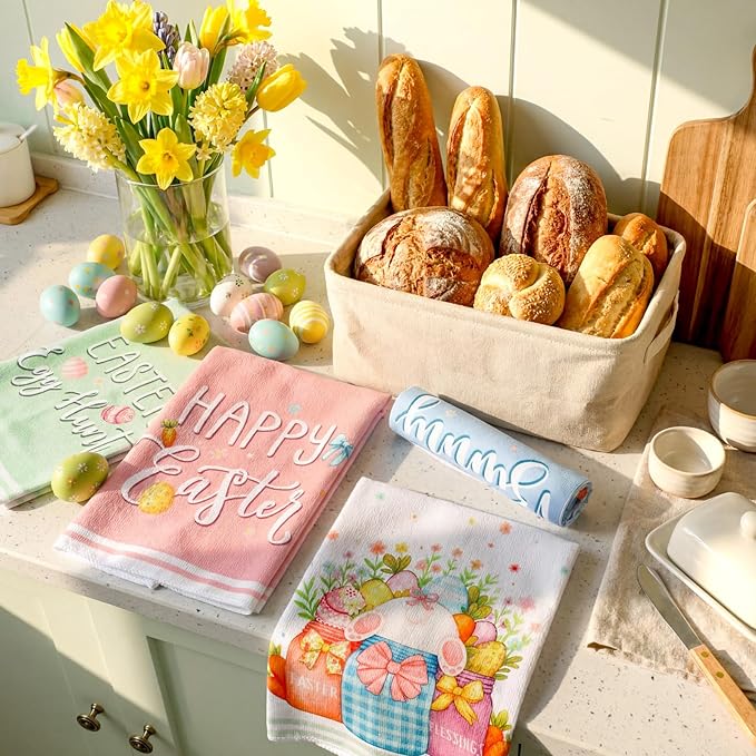 Preboun 6 Pcs Easter Kitchen Towels Cute Bunny Eggs Dish Hand Towels Macaron Happy Easter Themed Dish Cloth House Decorative Farmhouse Tea Cloth Absorbent for Home Kitchen Bathroom Decor