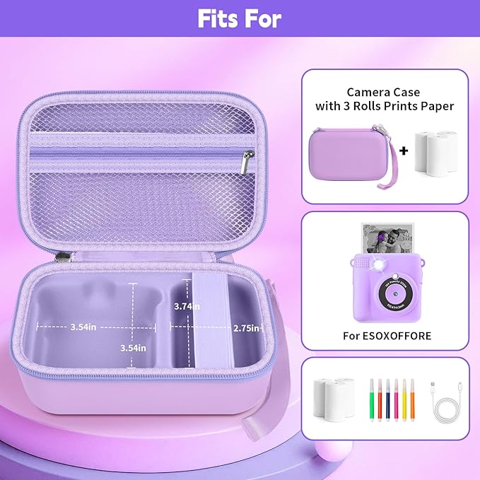 Kids Instant Print Camera Case for ESOXOFFORE Digital Video Cameras with 3 Rolls Paper Refill, Toddler Film Camera Storage Holder Bag with Mesh Pocket for Thermal Paper Accessories (Box Only)- Purple