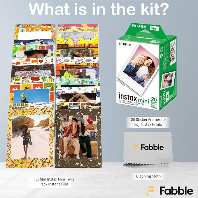 Fujifilm Instax Mini Instant Film Twin Pack 20 Sheets Bundle with 20 Decorative Sticker Frames and Camera Lens Cleaning Cloth – Perfect for Scrapbooks, Parties, and Gifts