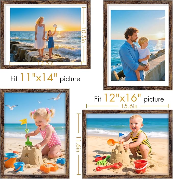 Vittanly 12x16 Picture Frame, Made of Solid Wood and Shatterproof Plexiglass, Display Pictures 11x14 with Mat or 12x16 without Mat, Wooden Photo Frame for Wall Mounting, Dark Brown, 1 Pack