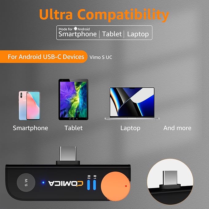 COMICA Vimo S UC Wireless Lavalier Microphone for Android/iPhone 17/16, USB C Mini Lapel Microphone Wireless with Hi-Fi Audio, Noise Cancellation, 656FT Range, Lav Mic for Video Recording, Streaming