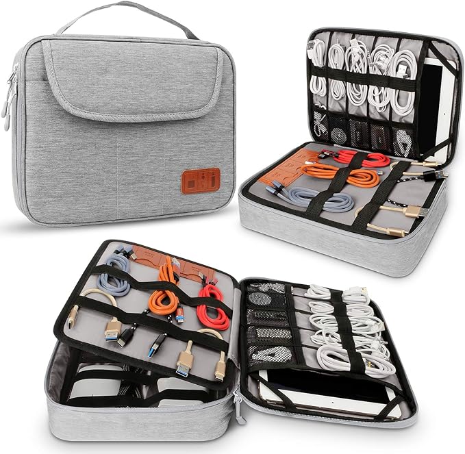 HOLIMET Cable Organiser Bag,Electronic Accessories Bag Double Layer for Travel Waterproof Cord Storage Organizer Bag for iPad, Kindle, Hard Drives, Cables, Chargers,Power Bank and More(Grey)