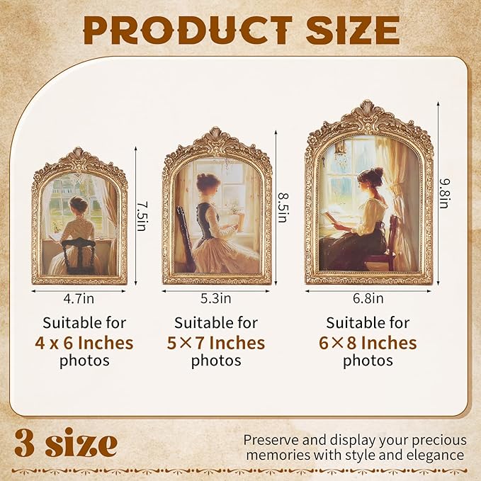 3 PCS Vintage Picture Frames 4x6, 5x7, 6x8 Inch Wall & Tabletop Picture Frames Antique Baroque Ornate Gold Arched Photo Frame Set with Stand and Haning Hook for Home Decor Photography Props Gifts