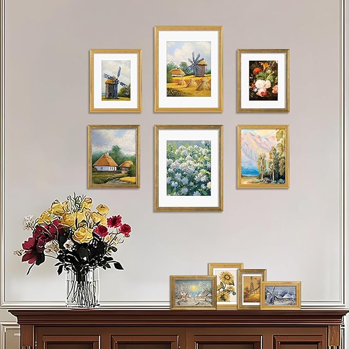 VIOLABBEY 5x7 Matte Gold Picture Frame, Display 4x6 Photo with Mat or 5x7 without Mat, Ornate Vintage 5 x 7 Matte Gold Frame for Wall Decor or Tabletop Display